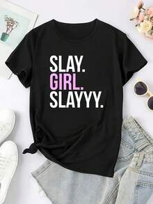 Camiseta ligera y transpirable de una sola pieza para mujer, de cuello redondo y estilo casual, con la impresión "Slay irl Slayyy", adecuada para todas las estaciones, de estilo deportivo, ideal para usar en capas en conjuntos de primavera y otoño. - Negro - Ver 3