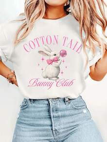 1 camiseta casual de manga corta y cuello redondo para mujer - cómoda para todas las estaciones, ligeramente elástica, corte regular para adulto, adecuada para Pascua, la vuelta al cole y la Marcha Loco, 180g 100% algodón. - Blanco - Ver 6