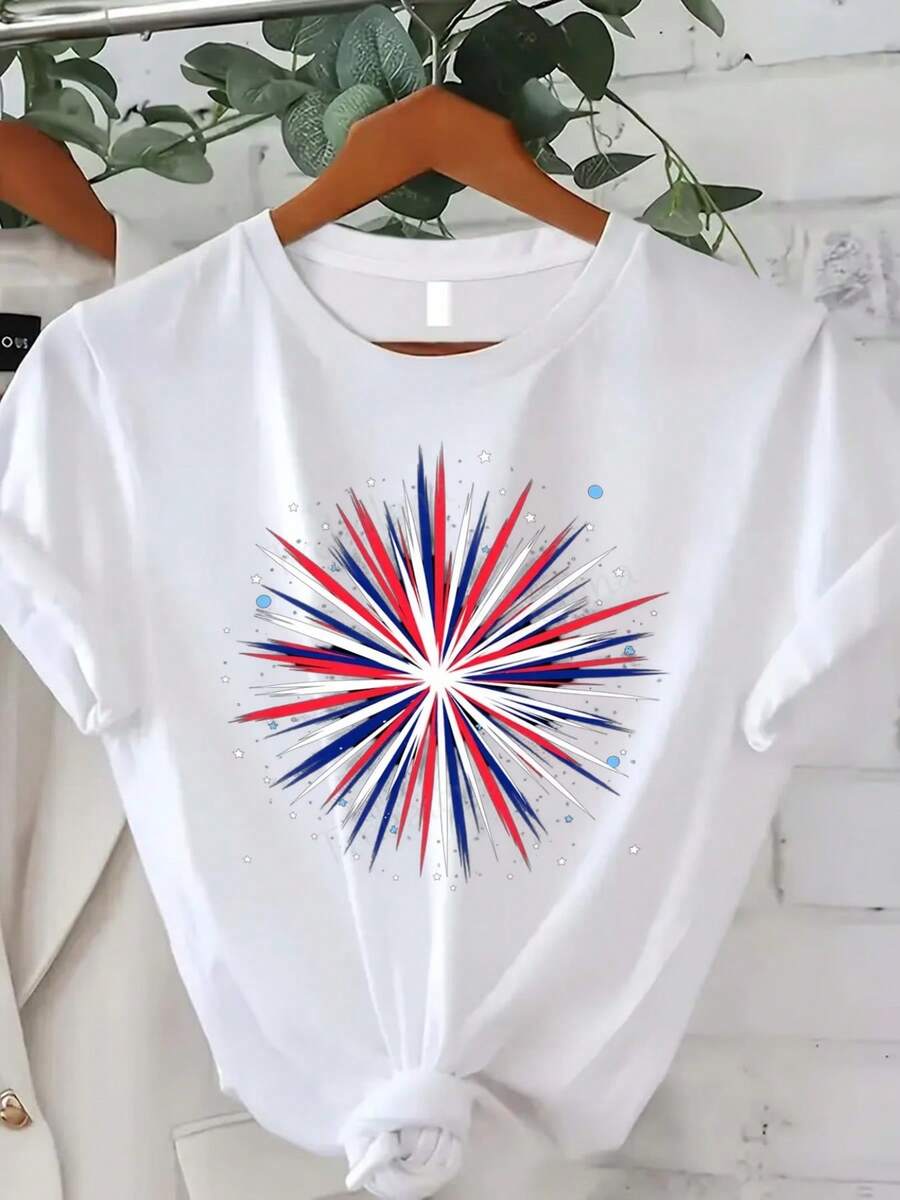 1 camiseta con la bandera de Estados Unidos, cuello redondo, camiseta casual de algodón puro para mujer, ¡un regalo elegante y versátil para citas! Ligera y transpirable, adecuada para todo tipo de cuerpos, captura sin esfuerzo el estilo moderno. 180g 100% Algodón. - Blanco - Ver 1
