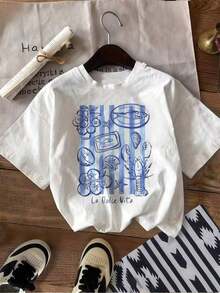 1 Piece Of Women's Clothing, White T-Shirt With Seafood Graphic Print, Unisex Casual Round Neck T-Shirt, Lightweight Knit Fabric, Machine Washable, For Spring/Summer/Autumn, Valentine's Day/Independence Day/Labor Day, 180g, 100% Cotton. - 白色 - 查看 8
