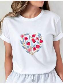 Suave camiseta casual de manga corta con cuello redondo para mujer, ideal para el Día de San Valentín, con estampado floral de corazones en rosa, la elección perfecta para primavera y verano. Camiseta casual de cuello redondo i01, ropa cómoda para mujer, blusas elegantes para damas. - Blanco - Ver 1