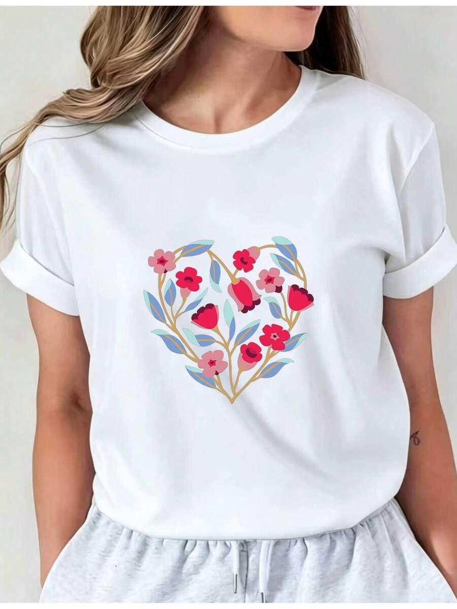 Suave camiseta casual de manga corta con cuello redondo para mujer, ideal para el Día de San Valentín, con estampado floral de corazones en rosa, la elección perfecta para primavera y verano. Camiseta casual de cuello redondo i01, ropa cómoda para mujer, blusas elegantes para damas. - Blanco - Ver 1