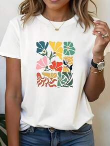 Camiseta de talla grande, estampado floral, camiseta blanca de manga corta con cuello redondo estampado, lavable a máquina, estilo casual, ajuste cómodo, diseño moderno, versátil para uso diario, tela suave, estilo a la moda, blusas casuales para mujer, ropa deportiva para mujer. - Blanco - Ver 8