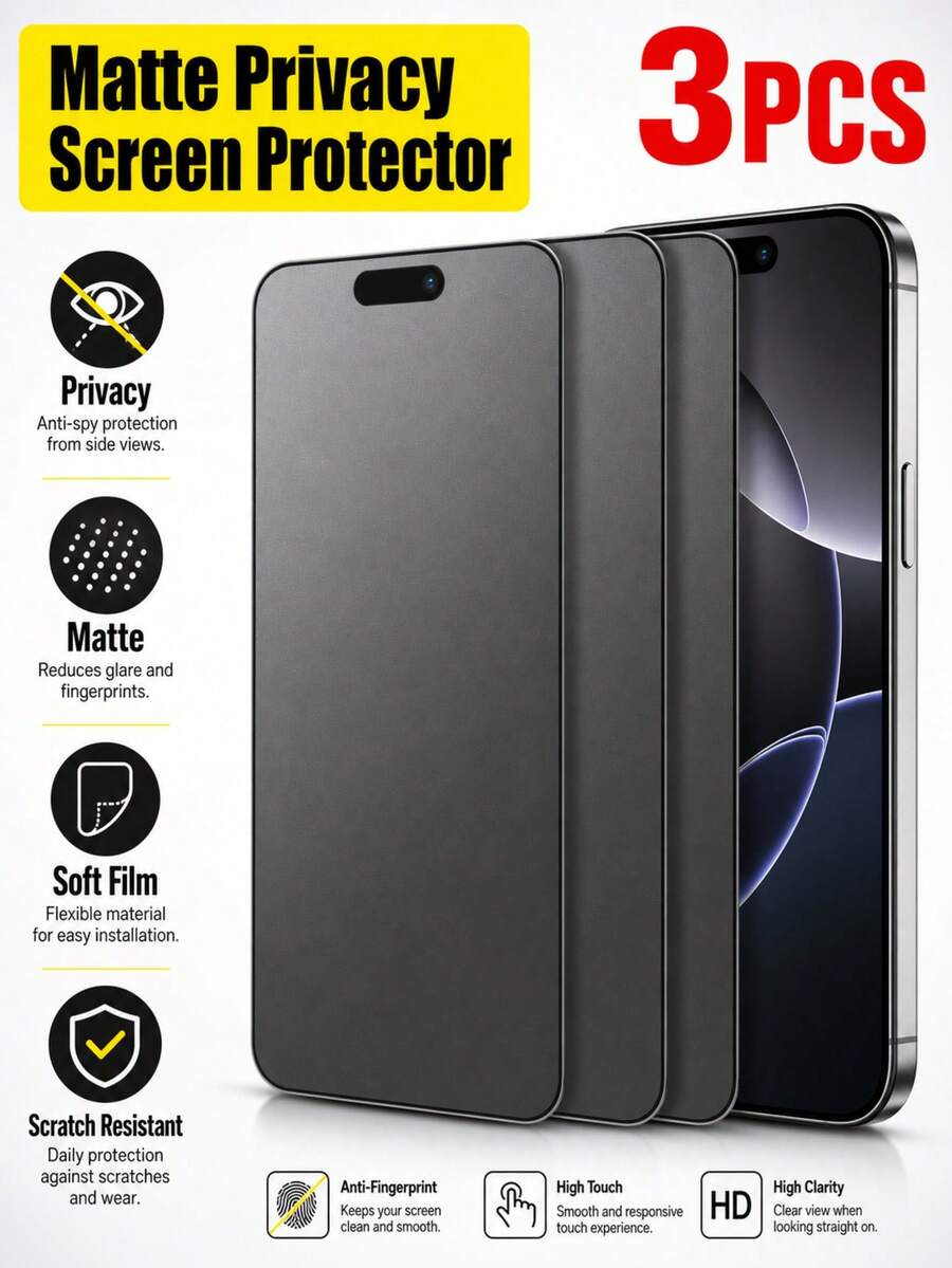 3片装磨砂防窥屏保护膜，全覆盖防指纹、防刮花、防摔，触感顺滑，兼容手机壳，采用柔软薄膜材质，适用于 17/17 Pro/17 Pro Max/17 Air/16/16 Pro/16 Pro Max/16 Plus/15 Pro Max/14 Pro Max/13 Mini/12/11/XS Max/XR/8 Plus/7 Plus - 3pcs Matte Privacy - 查看 1