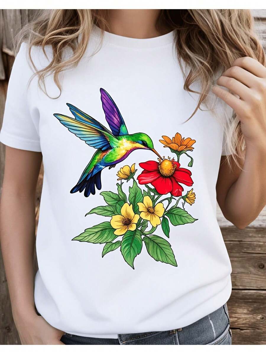Camiseta de Mujer con Estampado de Colibrí y Flores Coloridas, Inspirada en la Naturaleza, Ropa Casual de Verano, Diseño Holgado y Ligeramente Extendido - Blanco - Ver 1