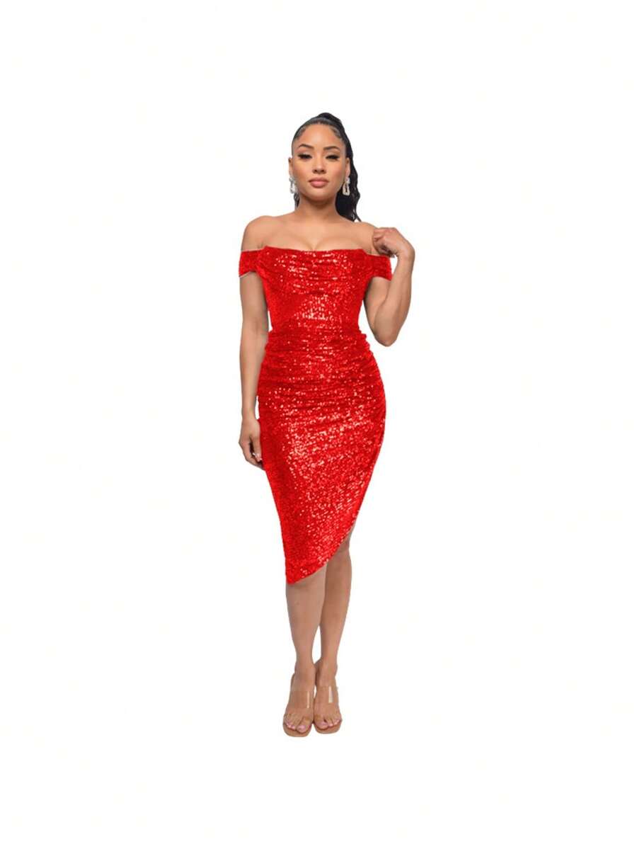 Women's Champagne-Colored Sequined Dress, Off-Shoulder Draped Design, Asymmetrical Side Slit, Stretchy Shiny Fabric Ideal For Summer Parties, Weddings As A Guest And Elegant Outdoor Dinners, Sexy Glamorous Style Perfect For Celebrations And Formal Events - 紅色 - 查看 1