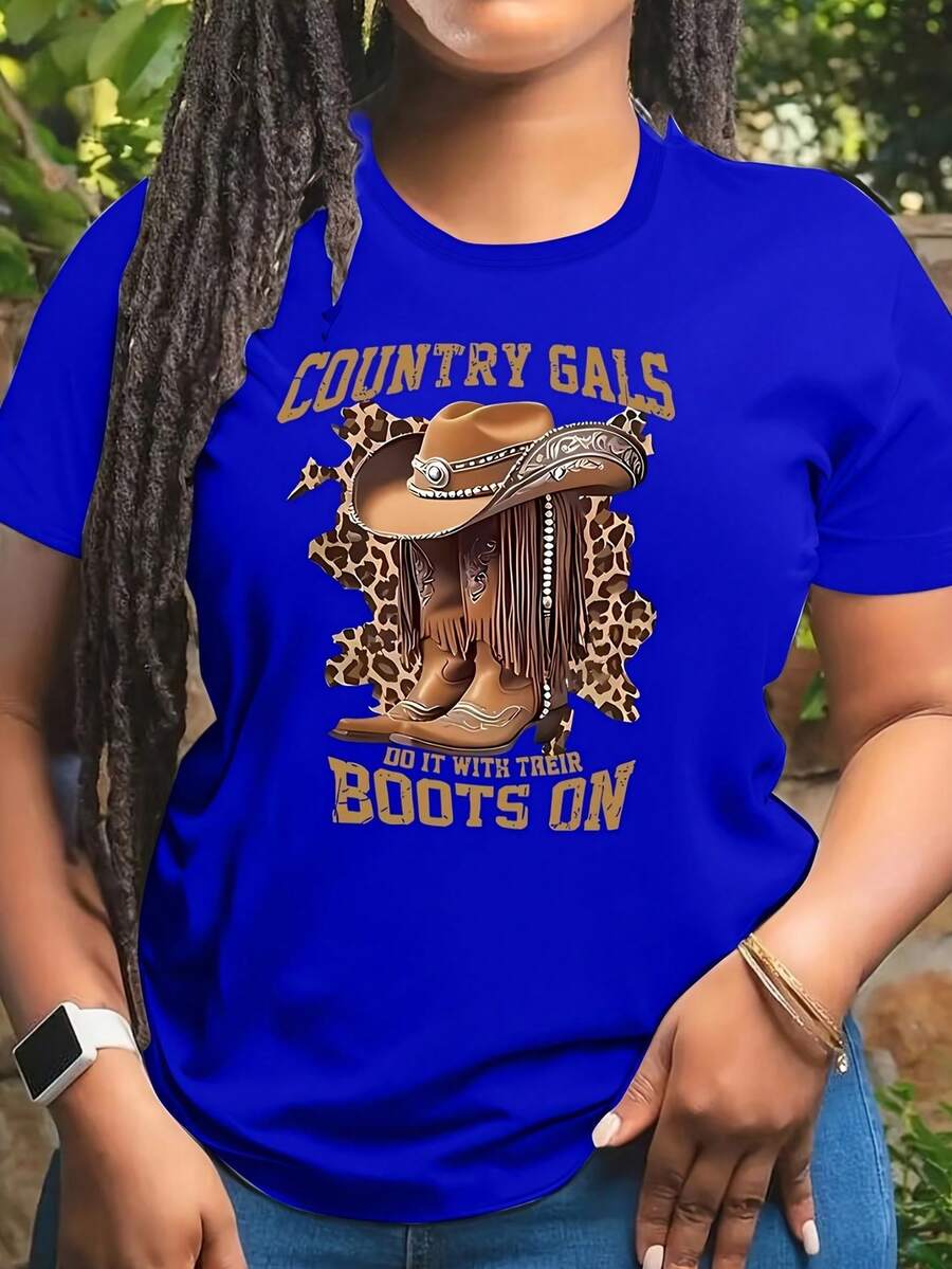 Women's Plus Size "Country Gals" Blue Graphic T-Shirt - Casual, Oversized, Short Sleeve, Polyester, Crew Neck, All-Season T-Shirt With Cowboy Hat And Boots Design, Casual Wear | Graphic Print T-Shirt | Knitwear, PLUS SIZE - 藍色 - 查看 1
