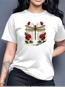 Camiseta Gráfica de Libélula y Rosa para Mujer de 180G - Perfecta para Reuniones Familiares y Actividades Corporativas de Team Building, Regalo para Vacaciones de Verano, Camiseta Elegante de Cuello Redondo, Ligera y Cómoda - Blanco - Ver 7