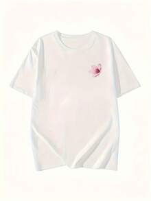 Y2K Women's T-Shirt With Japanese Cherry Blossom Print And Lettering - Short Sleeve Round Neck Blouse, A-Line Silhouette, Casual Outfits For Spring, Summer And Autumn, Basic Japanese Style Top For Casual Wear - [白色的] - 查看 1