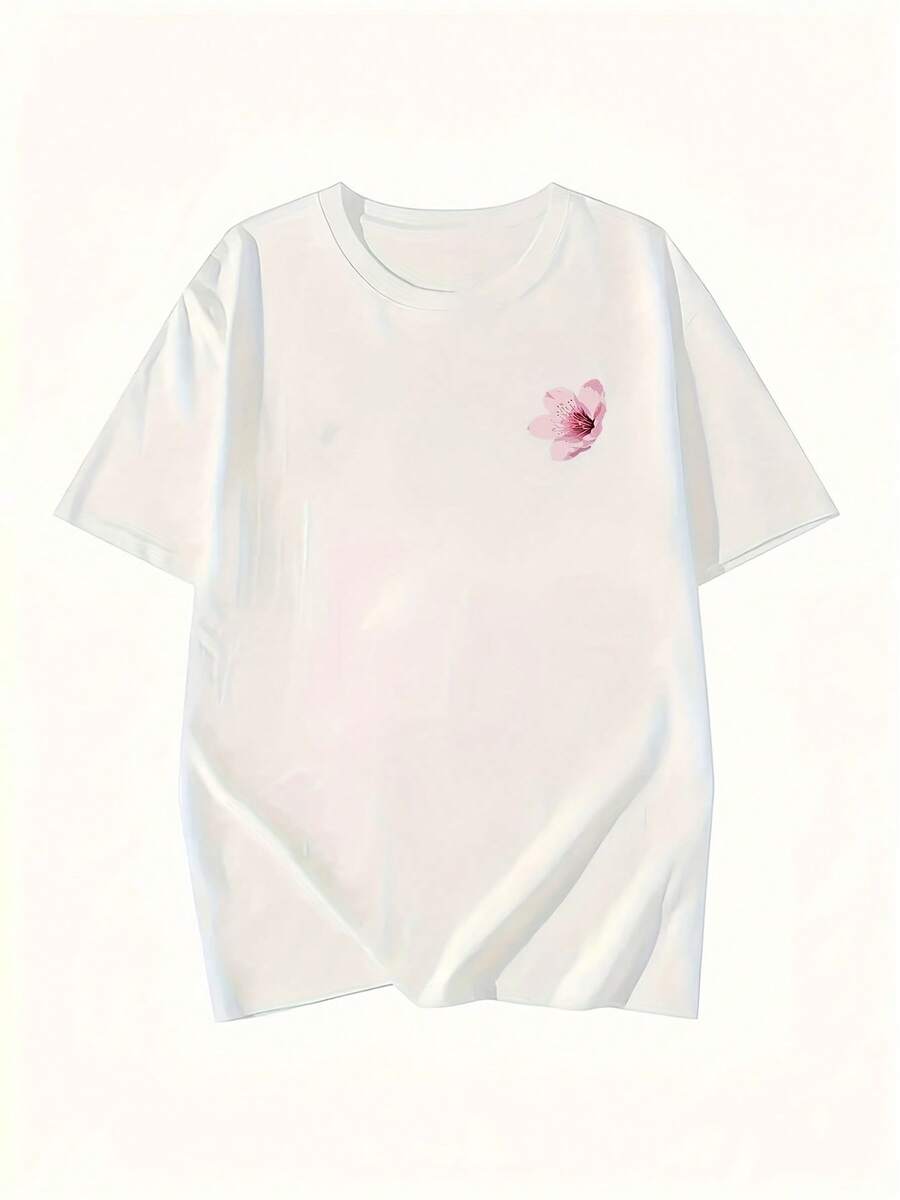 Y2K Women's T-Shirt With Japanese Cherry Blossom Print And Lettering - Short Sleeve Round Neck Blouse, A-Line Silhouette, Casual Outfits For Spring, Summer And Autumn, Basic Japanese Style Top For Casual Wear - [白色的] - 查看 1