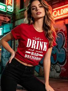 New Summer Casual T-Shirts, Party Favors, Short Sleeve T-Shirt With 'DRINK' Letter Print, Crew Neck, Versatile And Fashionable, New Arrivals, Festival Clothes, Mother's Day - Unisex Loose Fit Cotton Short Sleeve Crew Neck T-Shirt, Urban Vintage Style - 紅色 - 查看 3