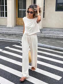 Conjunto de 2 piezas de chaleco y pantalones a cuadros casuales de vacaciones para mujer - Albaricoque - Ver 3