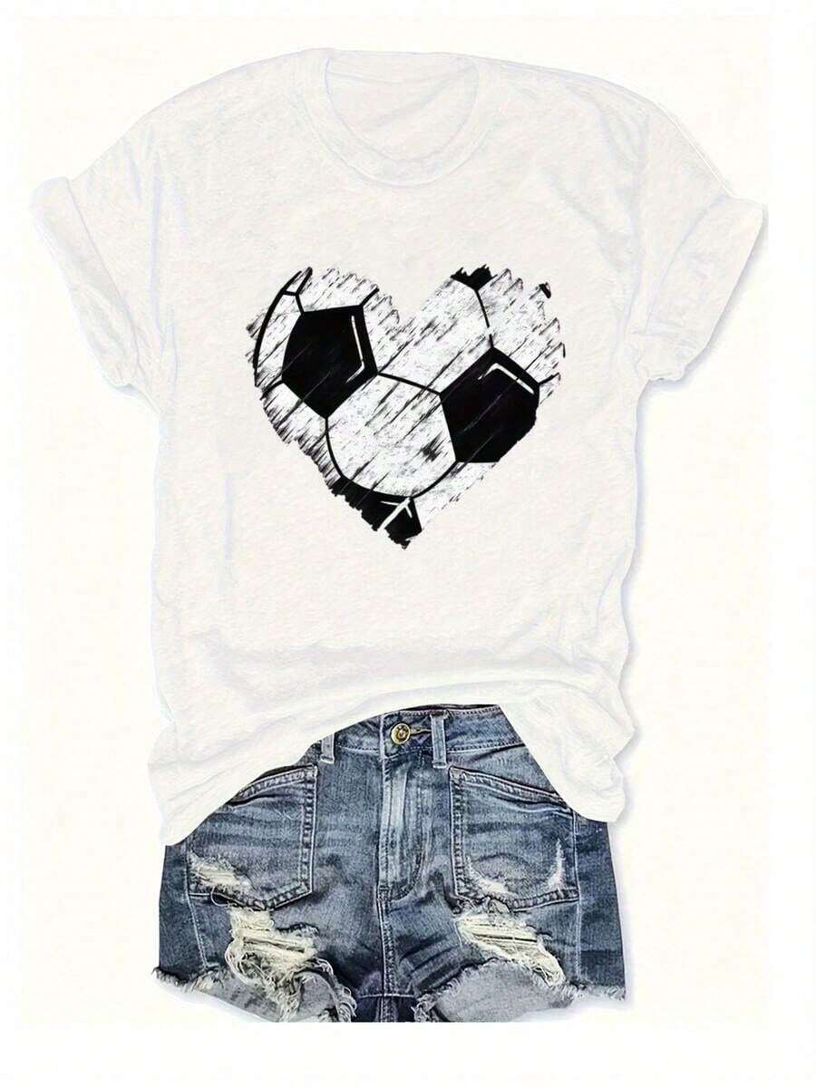 1 Women's Heart Print Soccer Jersey - Green, Casual, Crew Neck, Black And White Soccer Print, Soft Polyester Fabric, Regular Fit For All Seasons, Perfect For Sports Fans And Enthusiasts, Sports Fan Apparel. | Soccer Themed Clothing | Ficool Comfortable - 白色 - 查看 1