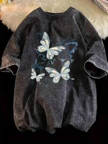 1 Piece Of Men's 250g Washed Vintage Cotton T-Shirt, 2026 Model, Popular - Dark Gray/Blue Butterfly Pattern, Loose Urban Style, Suitable For Daily Wear And Special Occasions - Machine Washable, Birthday Gift, Geometric Pattern T-Shirt, Durable Fabric, A Must-Have Casual Fashion Item, The First Choice For Enthusiasts, Casual Sweatshirt. | | Durable Pure Cotton Material, Suitable For All Seasons, Holidays And Casual Wear, 180g Washed Cotton 100% Cotton. - 黑色 - 查看 6