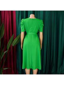 Kelly Green A-Line Dress V-Neck Short Puff Sleeves Rhinestone Buckle Belt Defined Waist Knee Length Polyester Chic Semi-Formal Wedding Guest Cocktail Party Work (Local Warehouse Discounts.) | Emerald Green Dress | Satin Dresses | Dresses | Dresses For Women | Mid Length Midi Dress | Jersey Dresses For Women  (Shipped From Local Warehouse | Quick Dispatch) - màu xanh lá - Xem 8