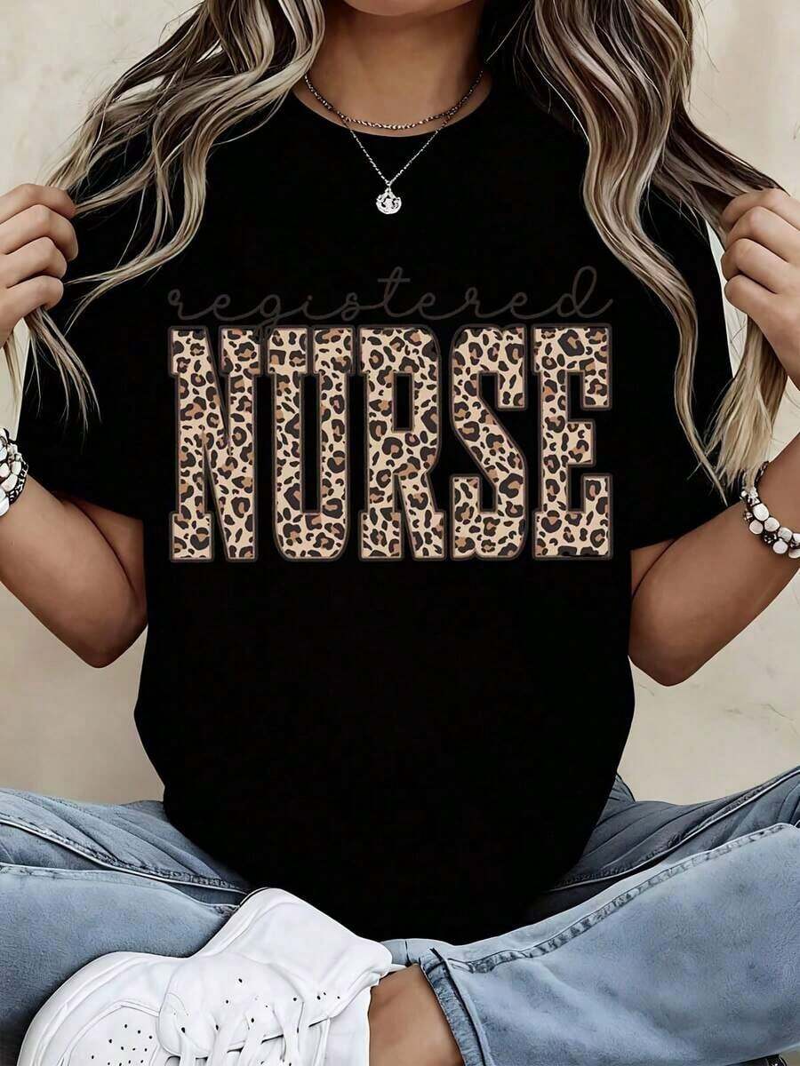 Camiseta de Cuello Redondo para Enfermeras, Diseño con Estampado de Leopardo, para Trabajo o Uso Casual - Estilo Urbano Vintage, Unisex, de Algodón, Manga Corta, 100% Algodón - Negro - Ver 1