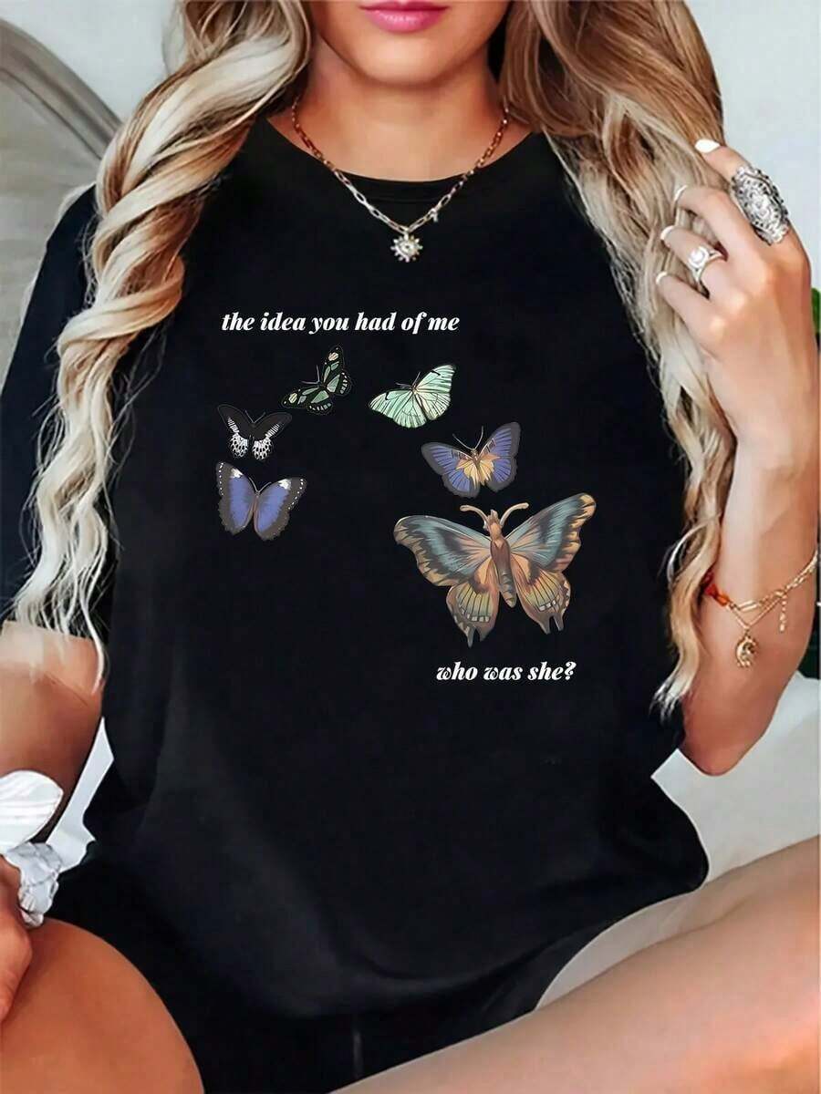 Under The Radar Women's Fashionable Black T-Shirt - Eye-Catching Butterfly Design With Inspirational Phrases Like "What Do You Think Of Me?" And "Who Is She?" | Perfect For Casual Outings Or Comfortable Indoor Wear. | Unique Fashionable T-Shirt - Vintage Street Style, Unisex, Cotton, Short Sleeve, Crew Neck - 黑色 - 查看 1