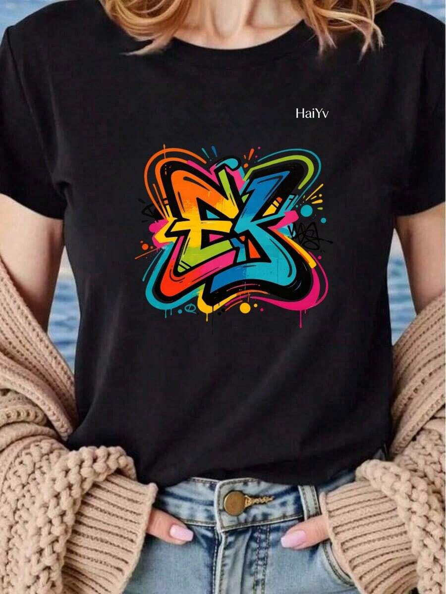 Limited Time Offer, Limited Quantity Available, Flash , Women's Shirts, Women's T-Shirts. Women's Oversized Black T-Shirt, Short Sleeve, Round Neck, Colorful Graffiti Letter Print, Casual Street Style For Everyday Wear - 黑色 - 查看 1