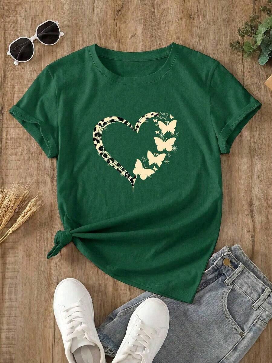 Women's Graphic Short Sleeve Crew Neck T-Shirt, Fashionable Heart Print, For Casual Everyday Wear - Vintage Street Style Unisex Cotton Short Sleeve Crew Neck T-Shirt - 綠色的 - 查看 1