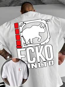 A Short-Sleeved T-Shirt With A "Rhino" Print And A Round Neck, Ideal For Summer. It's A Must-Have For Travel, Dates, Beach Outings, And Vacations, Making It A Perfect Gift For Dad Or A Boyfriend On Special Occasions. - [白色的] - 查看 1