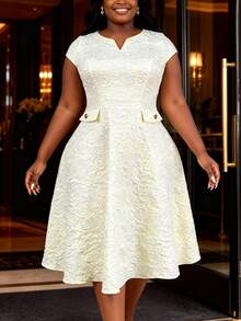 Plus Size Women's Apricot Jacquard A-Line Dress, V-Neck With Flutter Sleeves, Elegant Wedding Guest Evening Party Homecoming Dress New Style Fall - Apricot - View 5