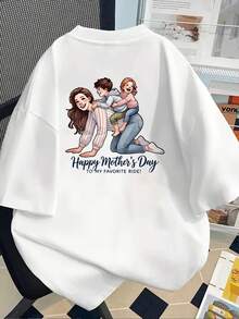 New 180g Short-Sleeved T-Shirt, 1% Cotton, With Front And Back Prints - Mother's Day, Parent-Child Interaction - Fashionable Printed T-Shirt For Women, Short-Sleeved, For All Seasons, Modern Clothing - Suitable For Layering In Spring And Autumn Or As A Standalone Garment In Summer, Unisex. - 白色 - 查看 2
