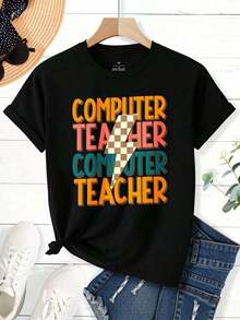 Women's T-Shirt, Computer Teacher T-Shirt, Festive Gift Idea For Women, Festive Sweater With Funny Text And Design, Technology Teacher T-Shirts, Men's Clothing, Men's Western Clothing, Men's Shirts, Graphic T-Shirts, Graphic Tees, Women's Clothing, Summer Tops, Summer Clothes - 黑色 - 查看 3