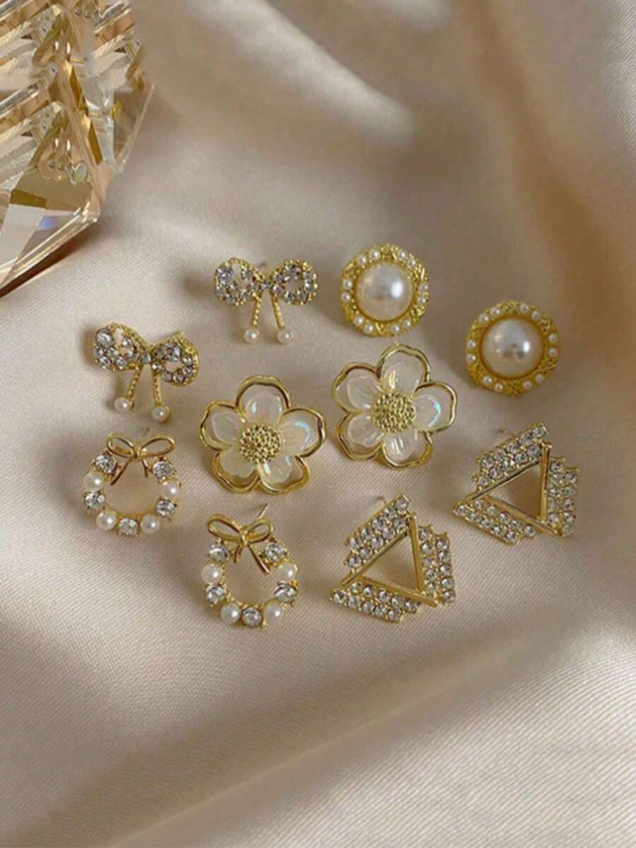 5 Pairs Vintage Textured Metal Geometric Floral Stud Earrings, Faux Pearl French Minimalist Unique Design Earring Set, Versatile Fashion Accessory For Women's Daily And Holiday Outfits - red yellow - View 1