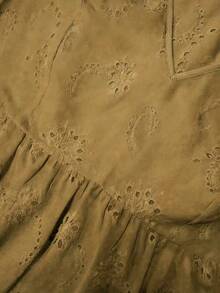 Solid Color Hollow Out Semi-Transparent Vacation French V-Neck Lace Cover Up Women Comfortable Plus Size Short Sleeve Cover-Up, Regular Fit V-Neck Embroidery Tulle Top - Khaki - View 4