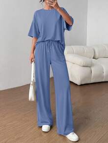 PRETTYGARDEN Women's Summer Clothes 2 Piece Sets Lounge For Short Sleeve Matching Airport Travel Outfits Casual Gray Blue Vacation Summer Brunch Outfits For Women Mothers Day Outfit - 灰藍色 - 查看 5