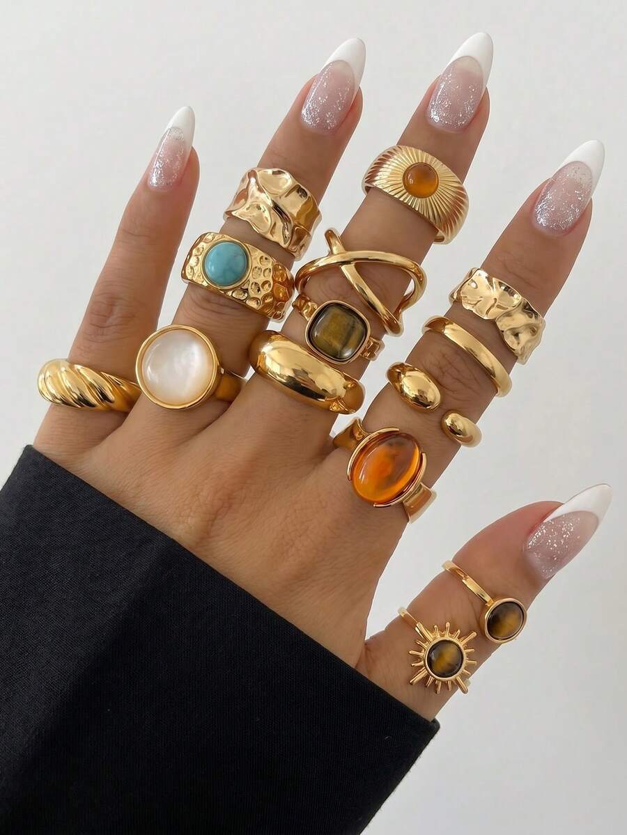 14pcs Vintage Exaggerated Metal Geometric Waterdrop & Cat Eye Stone Ring Set, Asymmetrical Twisted Rings Suitable For Women Daily, Festivals, Celebrations, Gifts - Gold - View 1