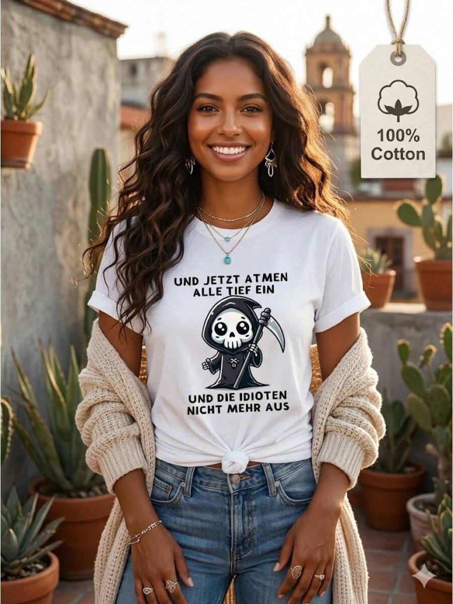 Humorous Grim Reaper T-Shirt: Dark Cotton T-Shirt With Grim Reaper Graphic And Humorous Lettering, Gothic Short Sleeve T-Shirt, Casual And Durable Top For Everyday Wear - 白色 - 查看 1