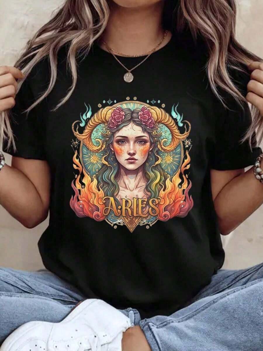 Women's Aries Zodiac Sign T-Shirt, Astrology Graphic Design With Flaming Hair And Rose Crown, For Spring And Summer, Fashion Gift For Birthdays Or Festivals, 220g - Urban Vintage Style, Unisex Short Sleeve Crew Neck T-Shirt, 100% Pure Cotton - 黑色 - 查看 1