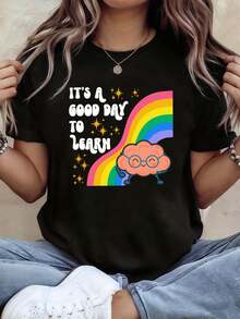 A GOOD DAY TO LEARN Inspirational Learning Day T-Shirt For Women, Casual Short Sleeve Crew Neck T-Shirt For Spring/Summer, Casual Daily Wear, Party Gift - Unisex Loose Fit Cotton Short Sleeve Crew Neck T-Shirt Vintage Urban Style - 黑色 - 查看 1