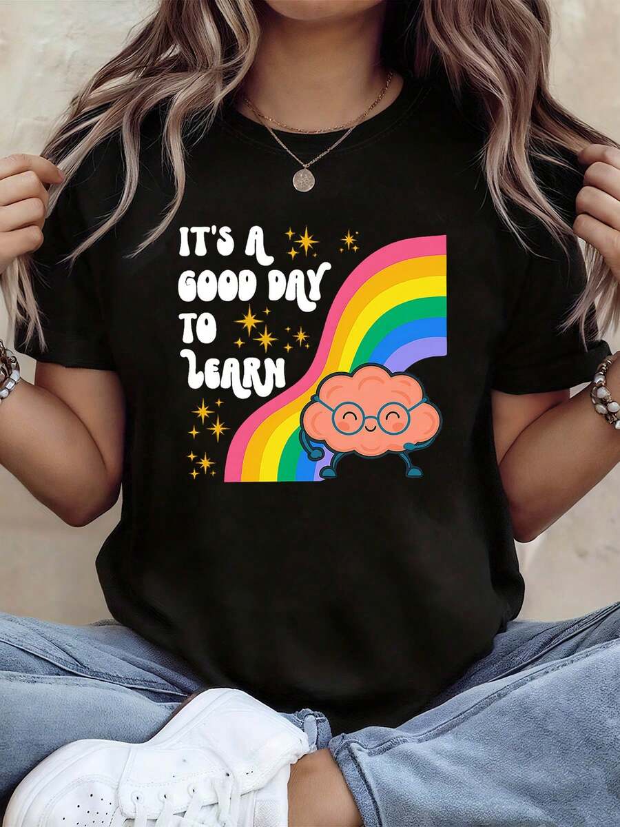 A GOOD DAY TO LEARN Inspirational Learning Day T-Shirt For Women, Casual Short Sleeve Crew Neck T-Shirt For Spring/Summer, Casual Daily Wear, Party Gift - Unisex Loose Fit Cotton Short Sleeve Crew Neck T-Shirt Vintage Urban Style - 黑色 - 查看 1