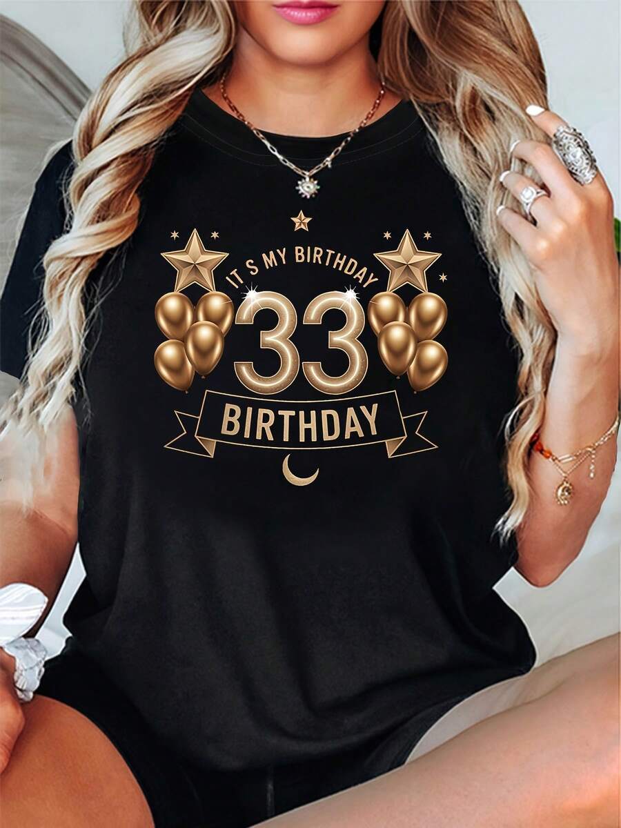 MY 33RD BIRTHDAY Women's T-Shirt With Star And Balloon Print For 33rd Birthday, Top For Birthday And Gathering, Glamorous And Sparkly Short Sleeve Style, Birthday Star Atmosphere T-Shirt - Unisex Loose Cotton Short Sleeve Crew Neck T-Shirt Vintage Urban Style - 黑色 - 查看 1