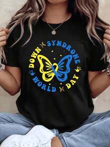 Butterfly Awareness T-Shirt For World Down Day For Women And Men, Unisex Casual Wear, Gift For Special Needs Advocacy Events, 220g - Vintage Urban Style, Unisex Loose Fit Pure Cotton Short Sleeve Crew Neck T-Shirt, 100% Pure Cotton. - 黑色 - 查看 7