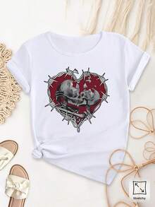 Women's Plus-Size Clothing, Elegant And Casual, With Skull And Heart Designs. A Beautiful And Elegant Party Top That Is Loose Yet Fitted, Soft, Machine Washable, Stretchy, And Has A Round Neck With Short Sleeves. - 白色 - 查看 1