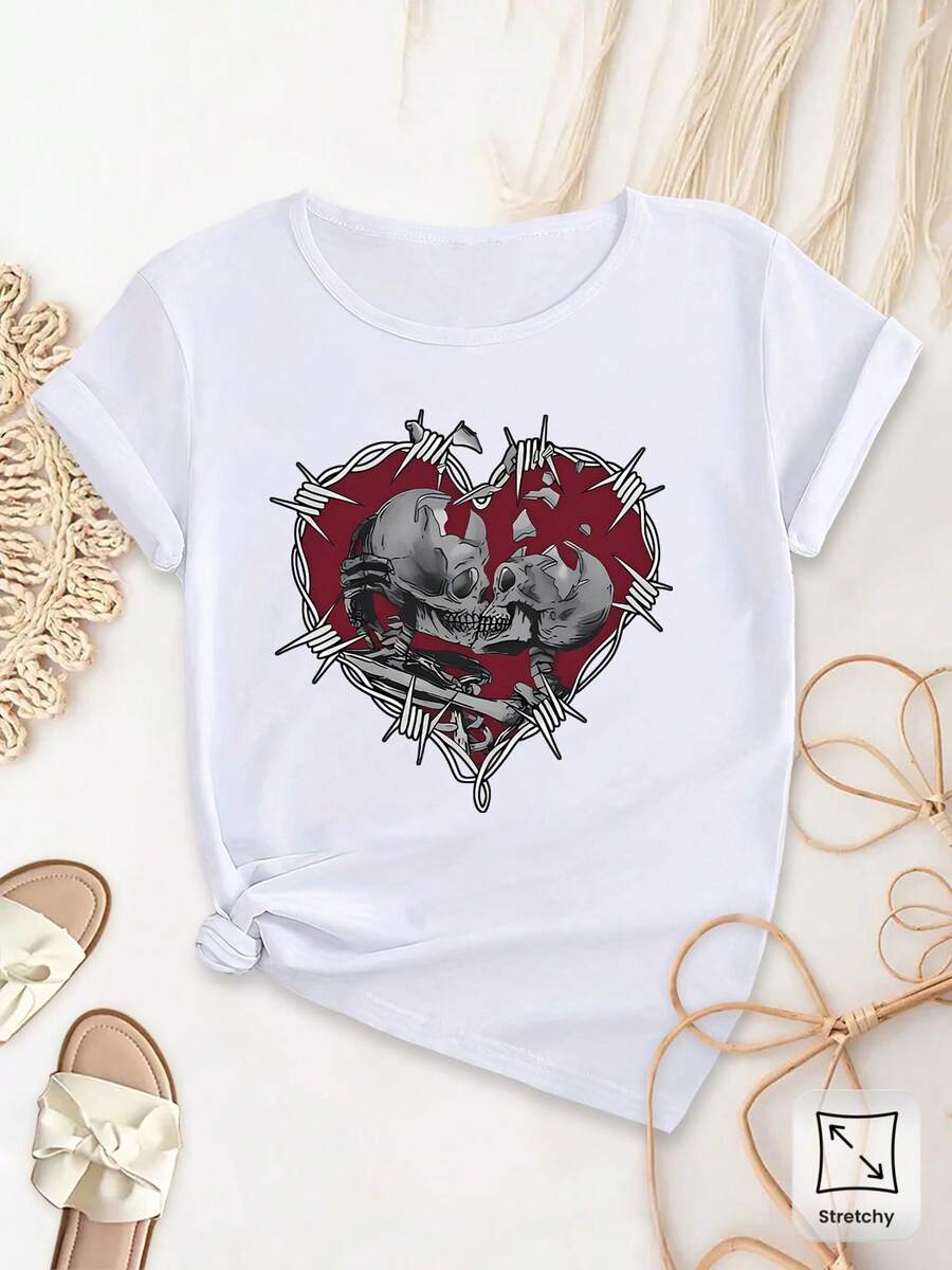 Women's Plus-Size Clothing, Elegant And Casual, With Skull And Heart Designs. A Beautiful And Elegant Party Top That Is Loose Yet Fitted, Soft, Machine Washable, Stretchy, And Has A Round Neck With Short Sleeves. - 白色 - 查看 1