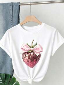 Camiseta casual de mujer con estampado de fresa y lazo, cuello redondo, manga corta, tela con estiramiento medio, detalles de aplicación, lavable a máquina para todas las estaciones, camiseta gráfica alegre, camiseta con estiramiento medio, producto con tema de fresa, negro, verano - Blanco - Ver 1
