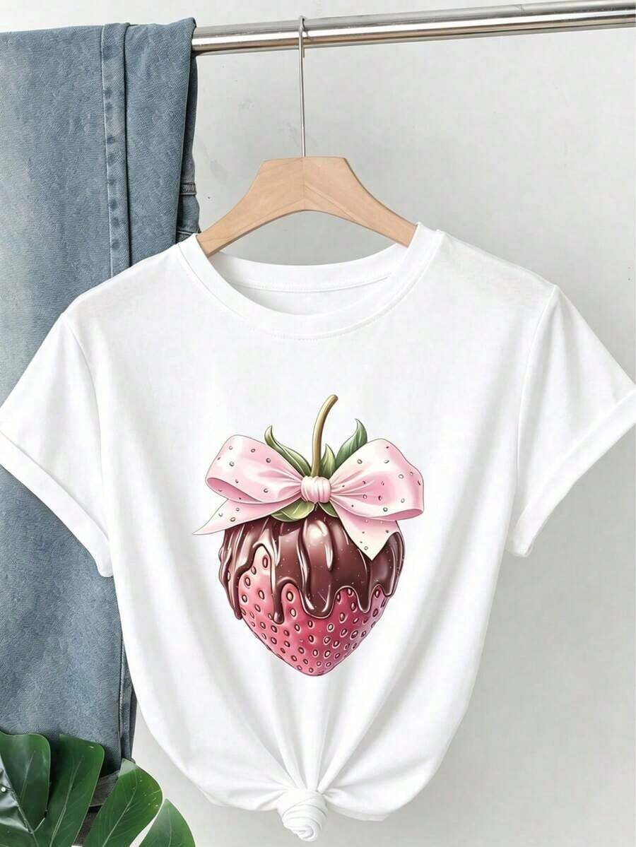 Camiseta casual de mujer con estampado de fresa y lazo, cuello redondo, manga corta, tela con estiramiento medio, detalles de aplicación, lavable a máquina para todas las estaciones, camiseta gráfica alegre, camiseta con estiramiento medio, producto con tema de fresa, negro, verano - Blanco - Ver 1