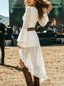 French Retro Lace V-Neck Asymmetrical Hem Flare Sleeve Long Sleeve Women's Dress, Suitable For Spring And Autumn - White - View 2