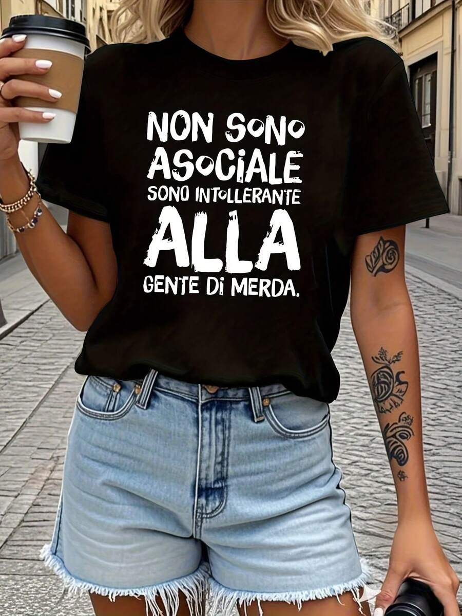 Women's Modern, Casual T-Shirt, Perfect For Parties And Lounging At Home, 100% Cotton, Loose Fit. Attitude - Style Italian Text Printed T-Shirt, Short Sleeve Crew Neck Casual Top For Summer & Spring, Women's Clothing - 黑色 - 查看 1