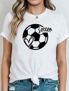 100% Cotton. Women's Size Soccer T-Shirt - Plus Size Short Sleeve Crew Neck Top With Soccer And Fan Print, Breathable Spring/Summer Blouse Suitable For Casual Wear, Everyday Outfits (Machine Washable). Women's Simple Solid Color T-Shirt, Loose And Slim Fit Casual Short Sleeve - 白色的 - 查看 1