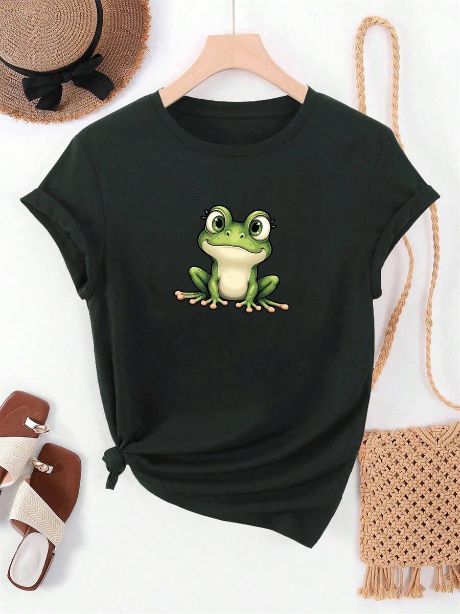 Women's Summer Cropped T-Shirt With Round Neck And Frog Print - Black - View 1