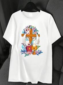 Diseño Simple y Versátil, Estampado de Cruz del Santo Grial y Flores Bíblicas, Camiseta Casual Minimalista de Manga Corta, Cuello Redondo, Nueva Moda Juvenil, Deportiva, Casual, de Verano, Alta Elasticidad, Camiseta de Algodón para Mujer, Camiseta de Capa Base con Estampado. - Blanco - Ver 6
