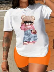 Camiseta de Mujer con Estampado de Oso de Peluche - Cuello Redondo, Suave, para Uso Diario - Atuendo Casual para Viajes en Todas las Temporadas - Camiseta de Mujer Lavable a Máquina - Blanco - Ver 6