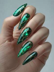 Móng giả màu xanh lá cây dáng hạnh nhân cỡ trung bình, móng giả acrylic màu xanh đậm vân đá mùa hè, móng giả dán phủ toàn bộ, có thể tái sử dụng, dành cho nữ, 24 chiếc. - Nhiều màu - Xem 1