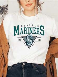 1 pieza de camiseta casual de manga corta con cuello redondo para mujer, con estampado retro de los Seattle Mariners, perfecta para primavera y verano. 180g Algodón 100%. - Blanco - Ver 8