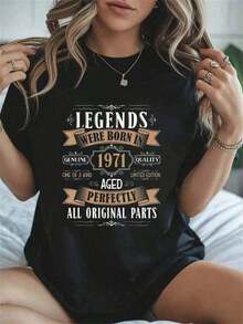 1 Piece, 100% Cotton, Men's Graphic T-Shirt With The Phrase "Leyes Born In 1971", For The 53rd Birthday, 53 Years, Summer T-Shirts For Women, Round Neck, Fashion T-Shirts, 180g, 100% Cotton. - 黑色 - 查看 1